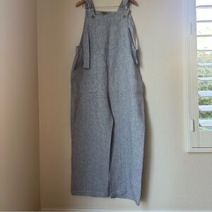 Flax Linen Baggy Overalls Women M Gray White Striped Jumpsuit Boho Lagenlook EUC